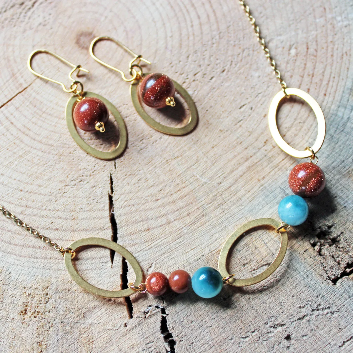 Gold Sandstone and Caribbean Sea Green Jade Geometric Necklace