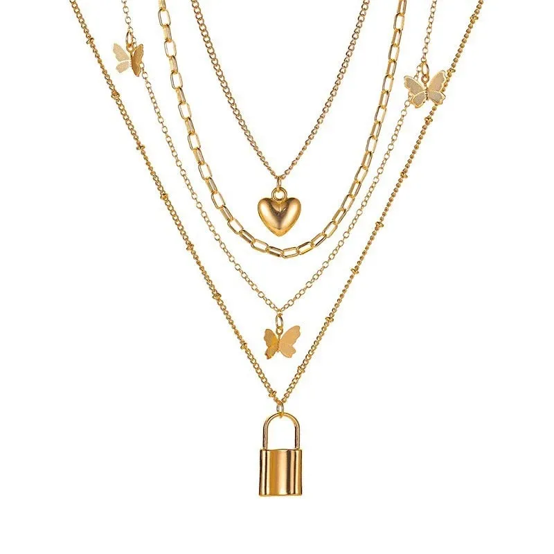 Golden Multi Layered Heart Butterfly Necklace
