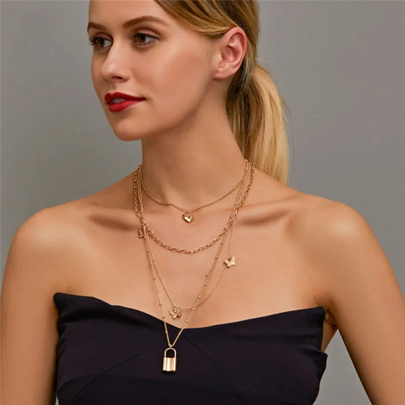 Golden Multi Layered Heart Butterfly Necklace