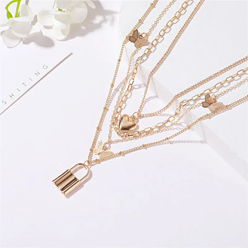 Golden Multi Layered Heart Butterfly Necklace