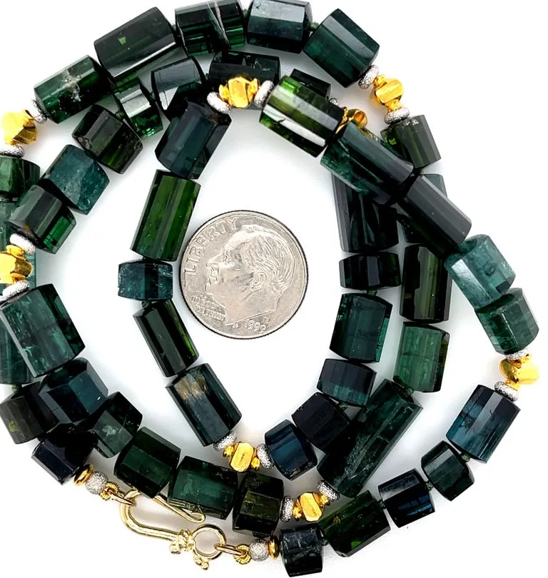 Green, Blue and Teal Tourmaline Beaded Necklace, 14k and 18k Gold, 20 Inches