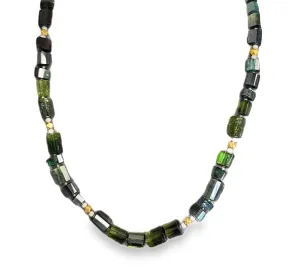 Green, Blue and Teal Tourmaline Beaded Necklace, 14k and 18k Gold, 20 Inches