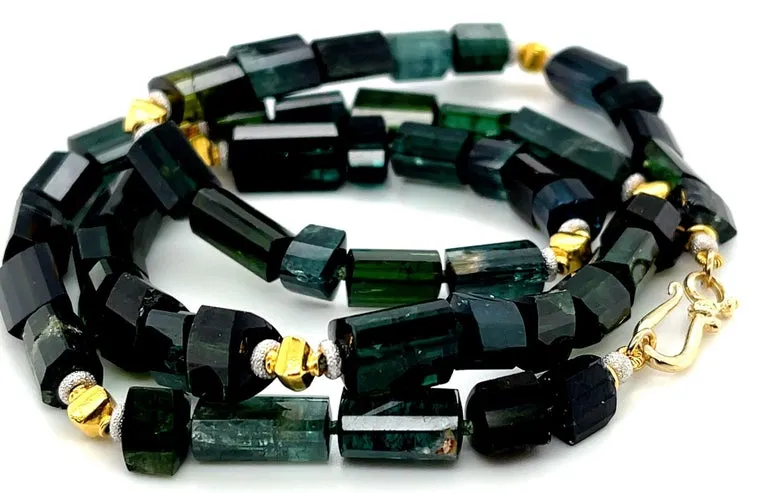 Green, Blue and Teal Tourmaline Beaded Necklace, 14k and 18k Gold, 20 Inches
