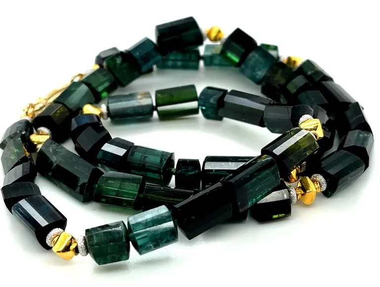 Green, Blue and Teal Tourmaline Beaded Necklace, 14k and 18k Gold, 20 Inches