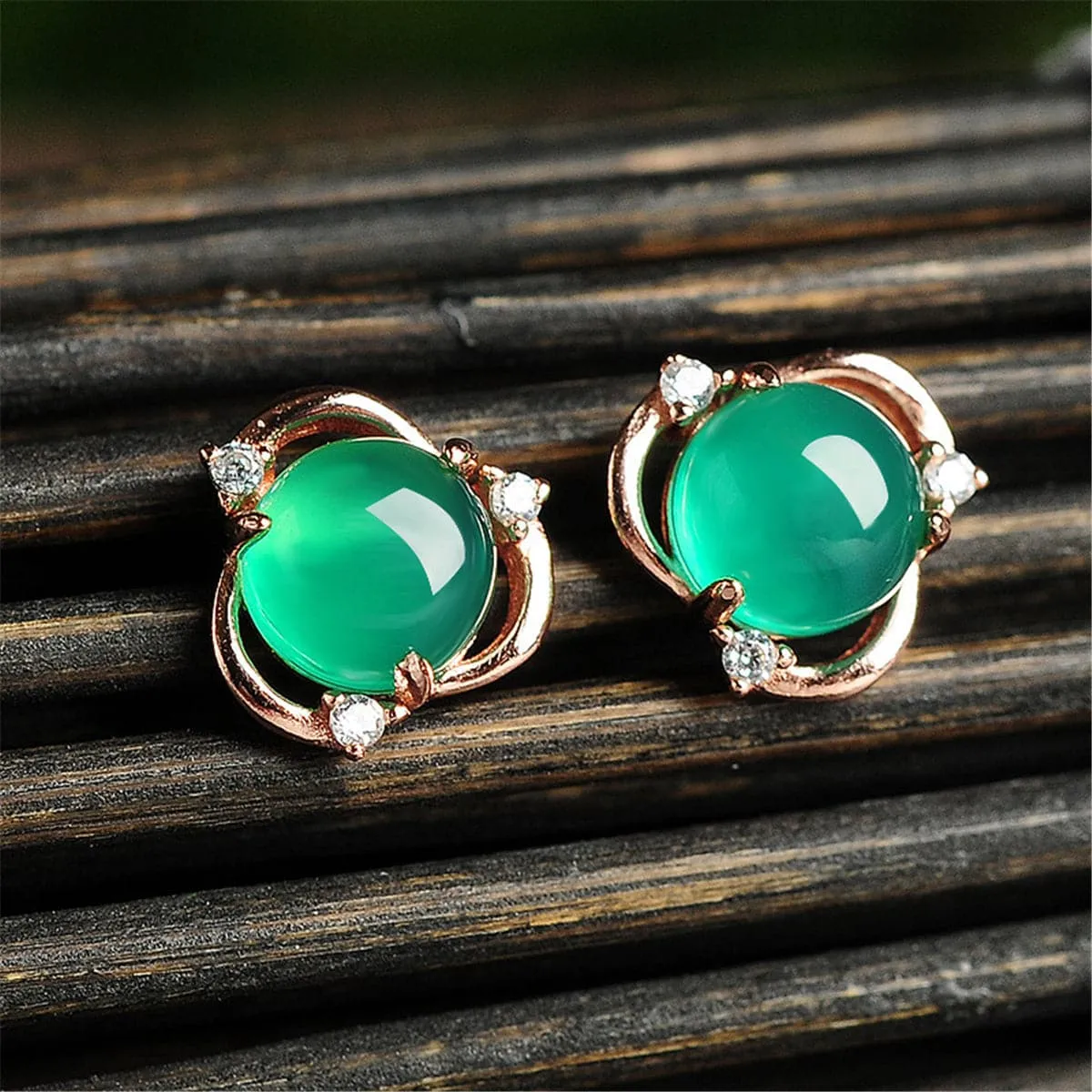Green Jade & Cubic Zirconia 18K Gold-Plated Stud Earrings