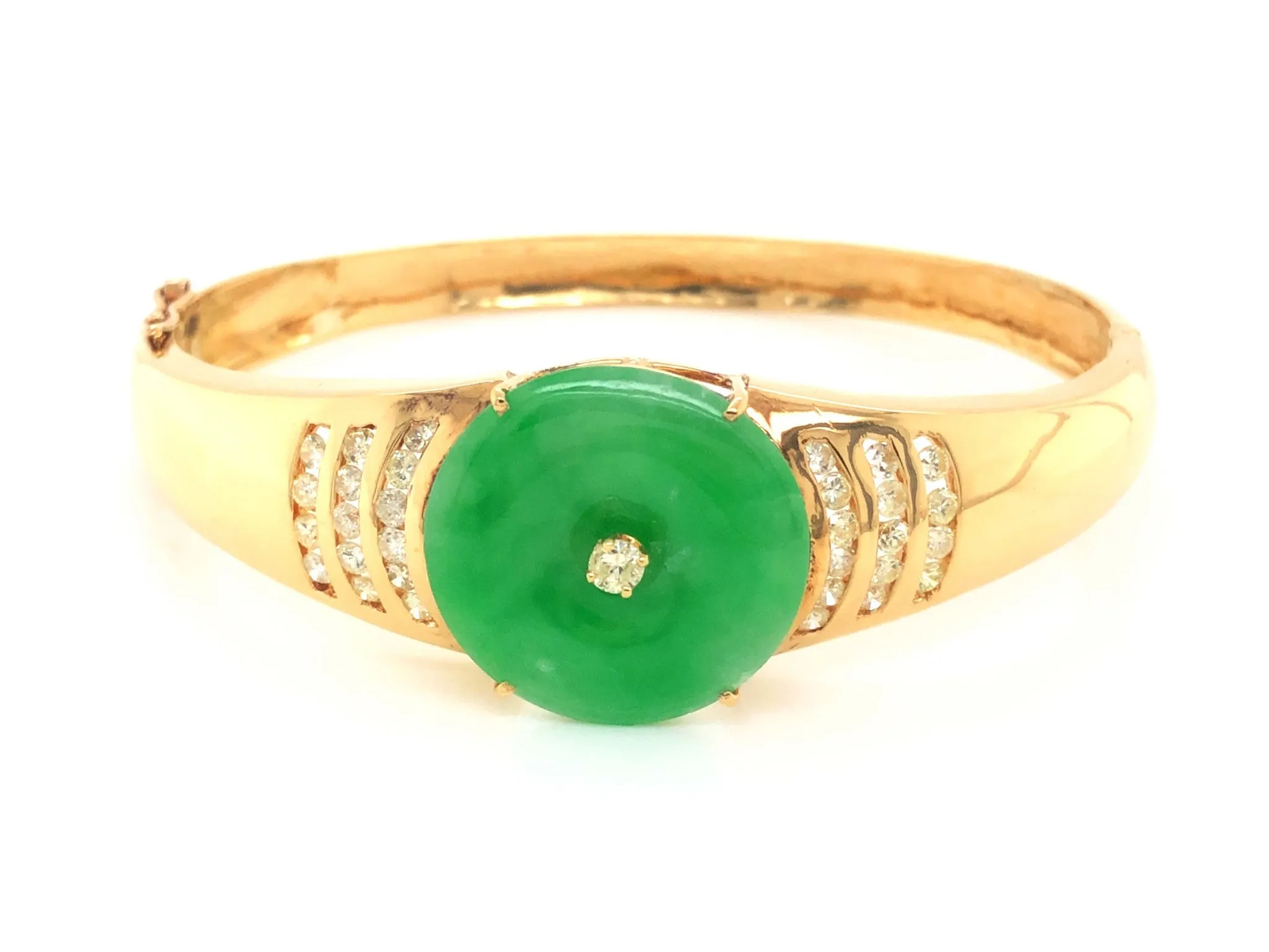 Green Jadeite Jade and Diamond Hinged Bangle Bracelet in 18k Yellow Gold