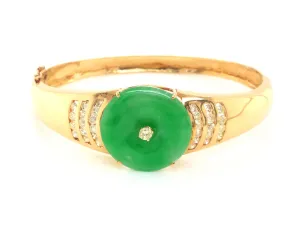 Green Jadeite Jade and Diamond Hinged Bangle Bracelet in 18k Yellow Gold