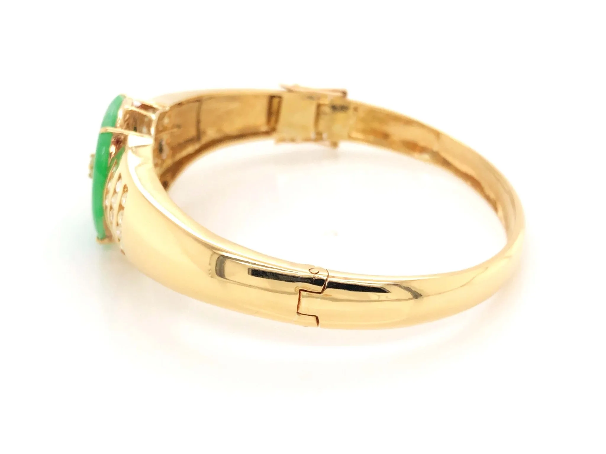 Green Jadeite Jade and Diamond Hinged Bangle Bracelet in 18k Yellow Gold