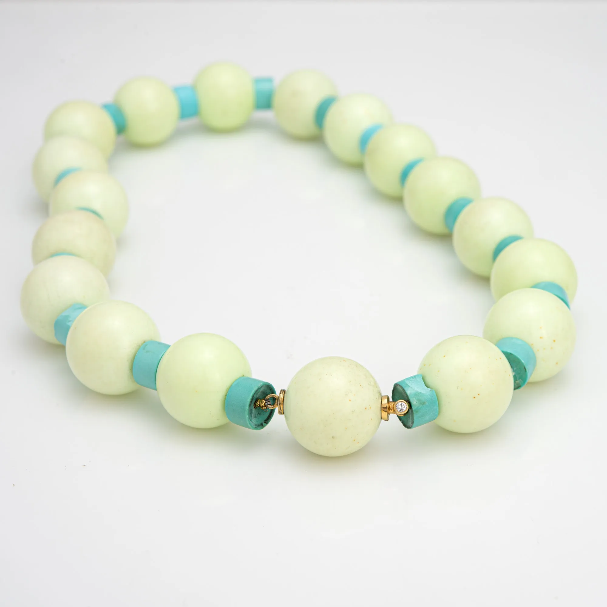 Green Jasper Bead Turquoise Necklace 16" Choker Diamond 18k Gold Clasp Jewelry
