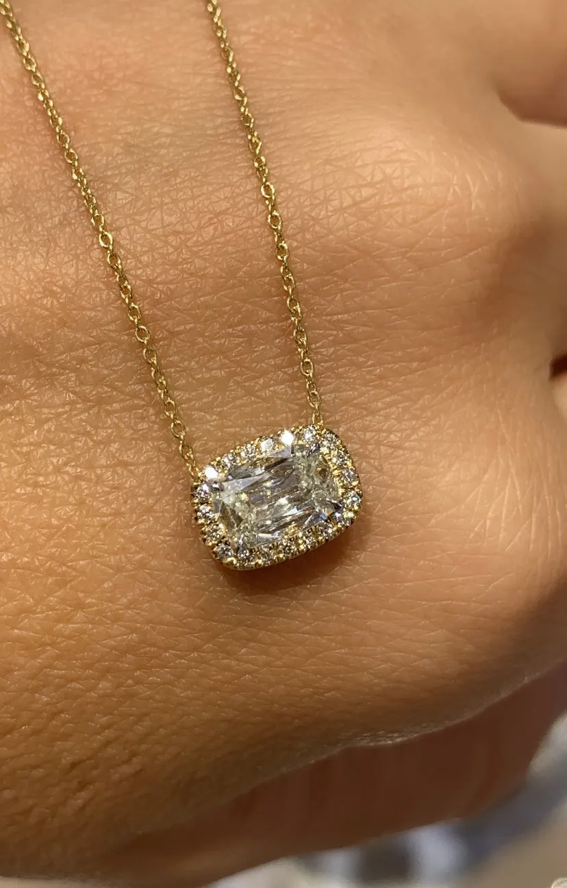Henri Daussi Signed 1.00ct t.w. Diamond Cushion Brilliant Cut Halo East - West Set Solitaire Pendant Necklace