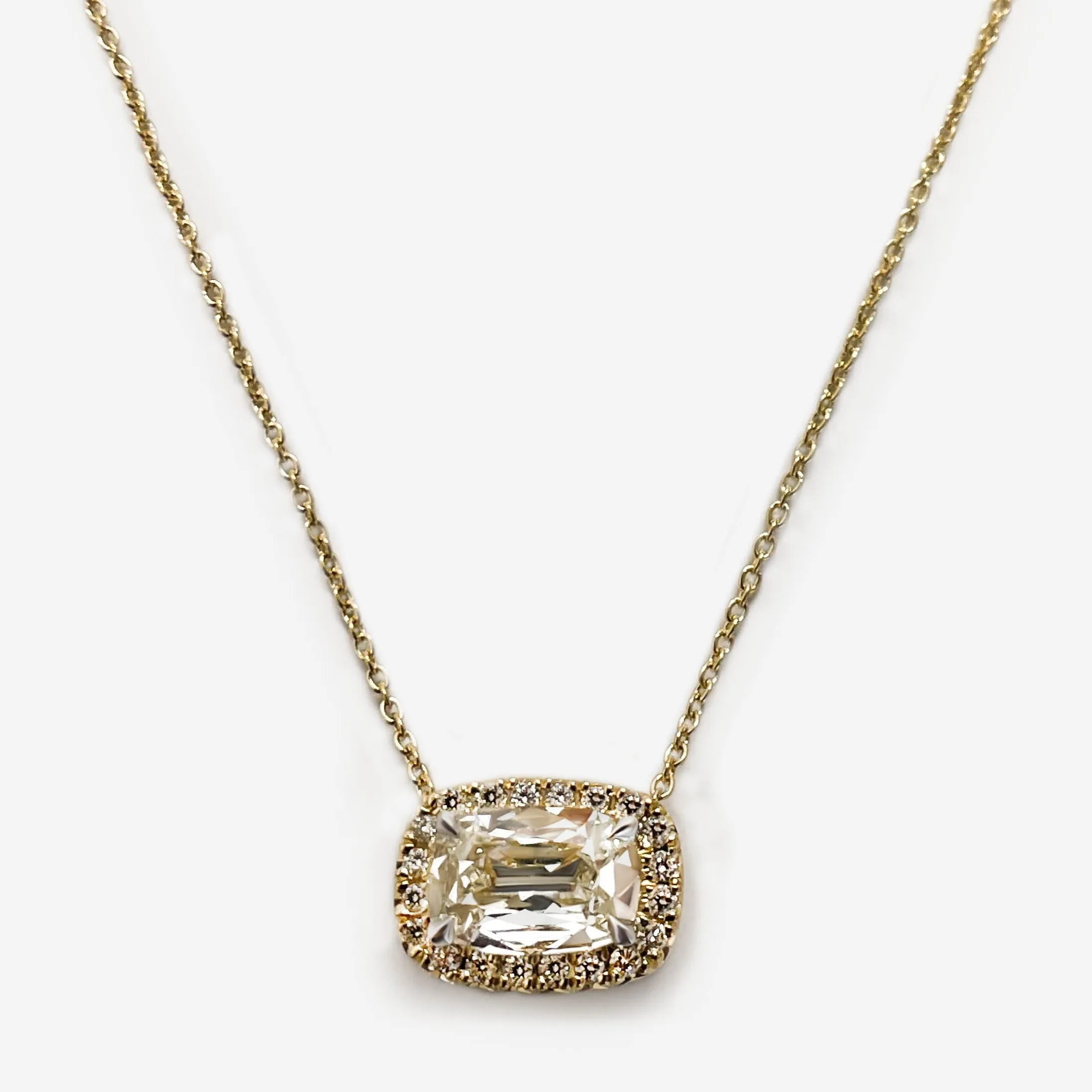 Henri Daussi Signed 1.00ct t.w. Diamond Cushion Brilliant Cut Halo East - West Set Solitaire Pendant Necklace
