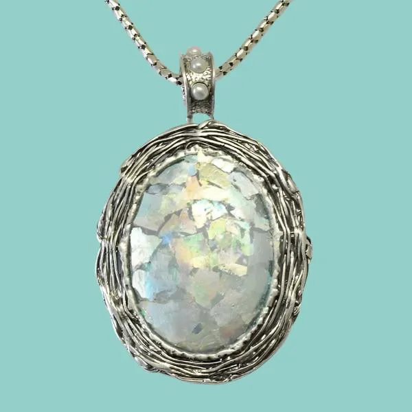 Israeli Roman glass necklace. Amazing Sterling silver necklace for woman set with authentic Roman glass