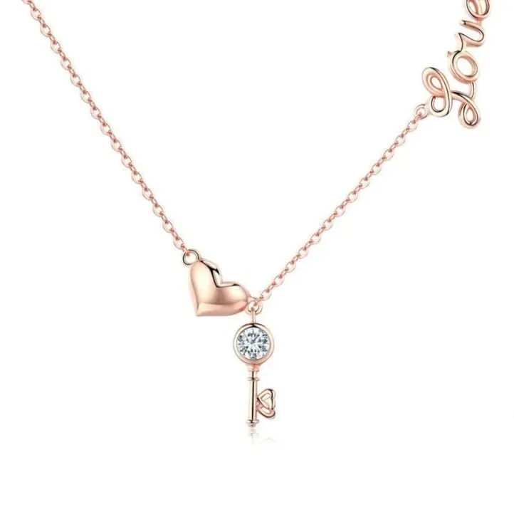 Key of Heart Rose Gold Necklace with Created Diamond