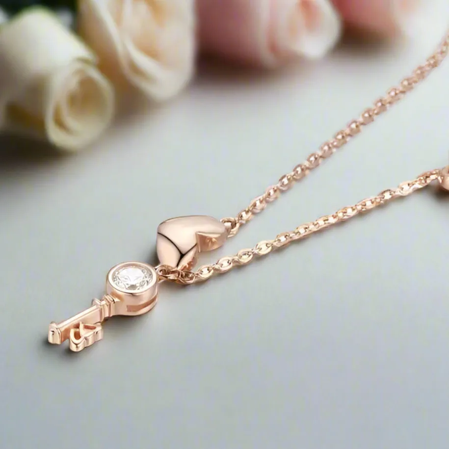 Key of Heart Rose Gold Necklace with Created Diamond