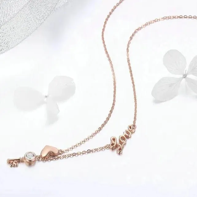 Key of Heart Rose Gold Necklace with Created Diamond