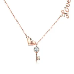 Key of Heart Rose Gold Necklace with Created Diamond