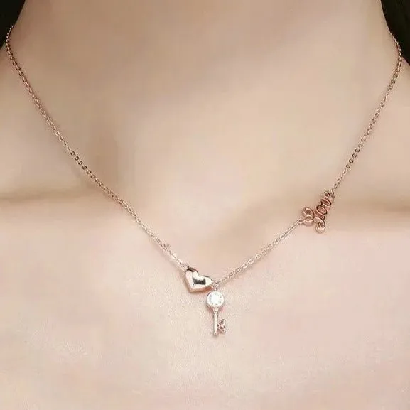 Key of Heart Rose Gold Necklace with Created Diamond