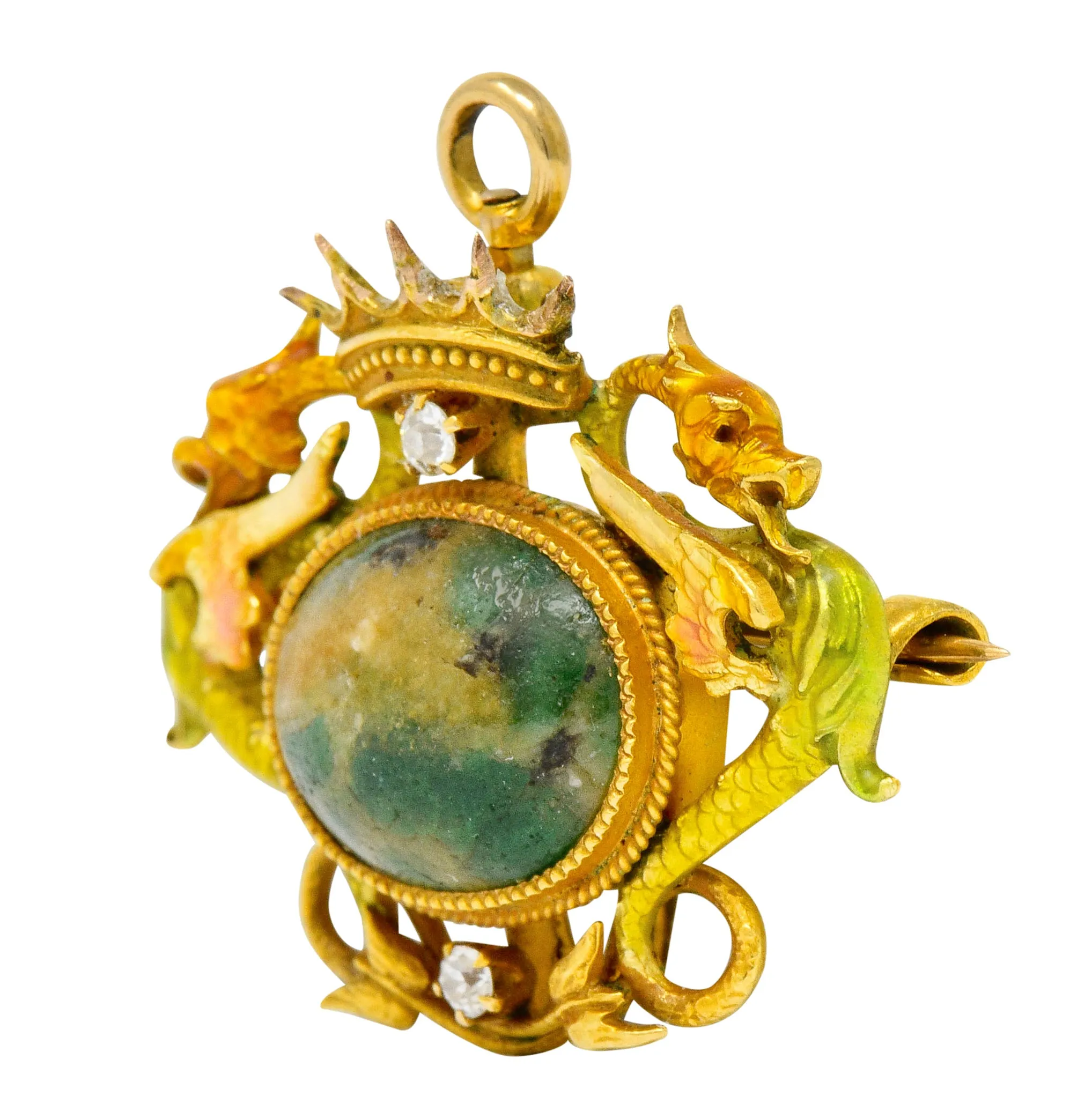Krementz Art Nouveau Hardstone Diamond Enamel 14 Karat Gold Dragon Cabochon Pendant Brooch