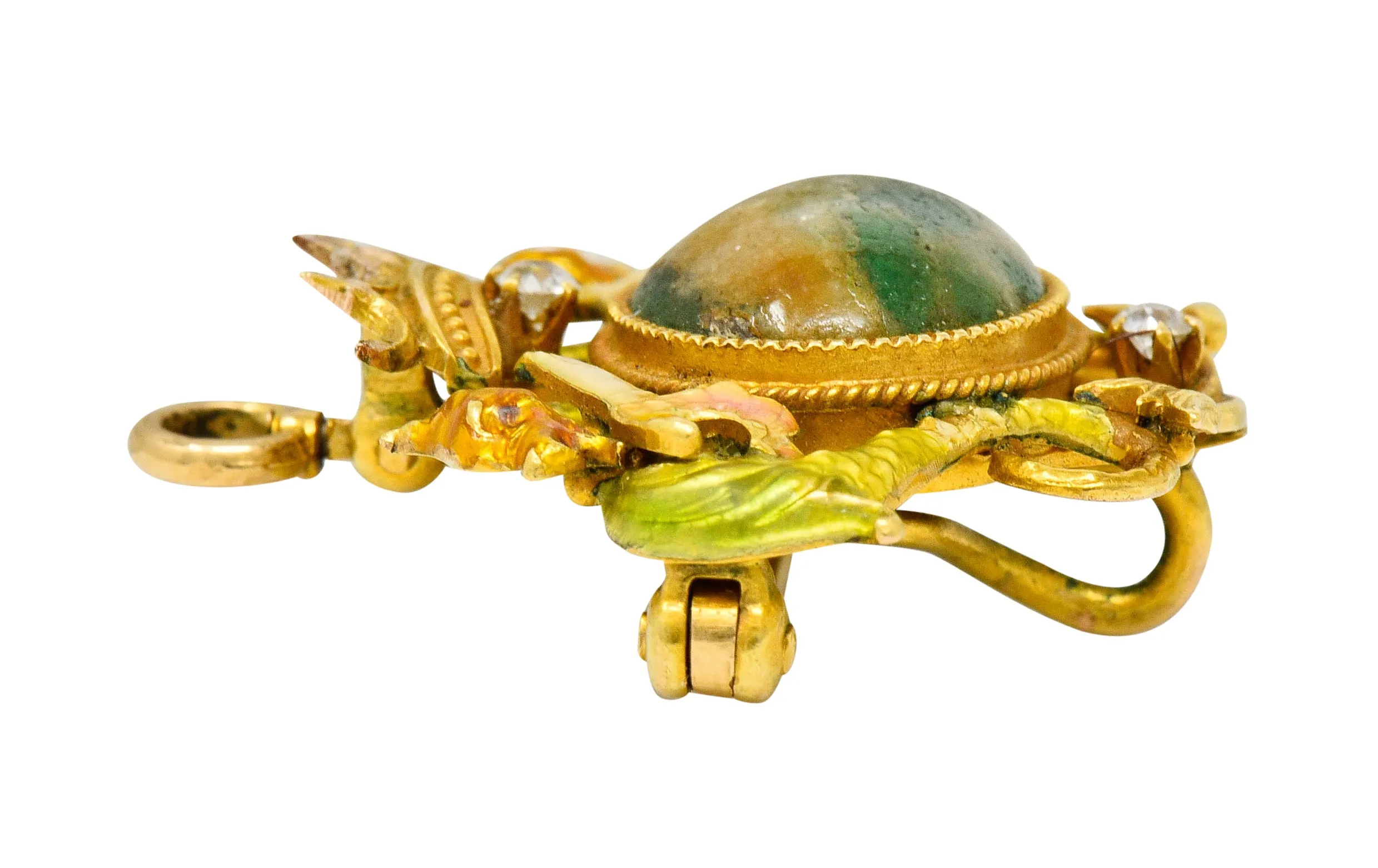 Krementz Art Nouveau Hardstone Diamond Enamel 14 Karat Gold Dragon Cabochon Pendant Brooch