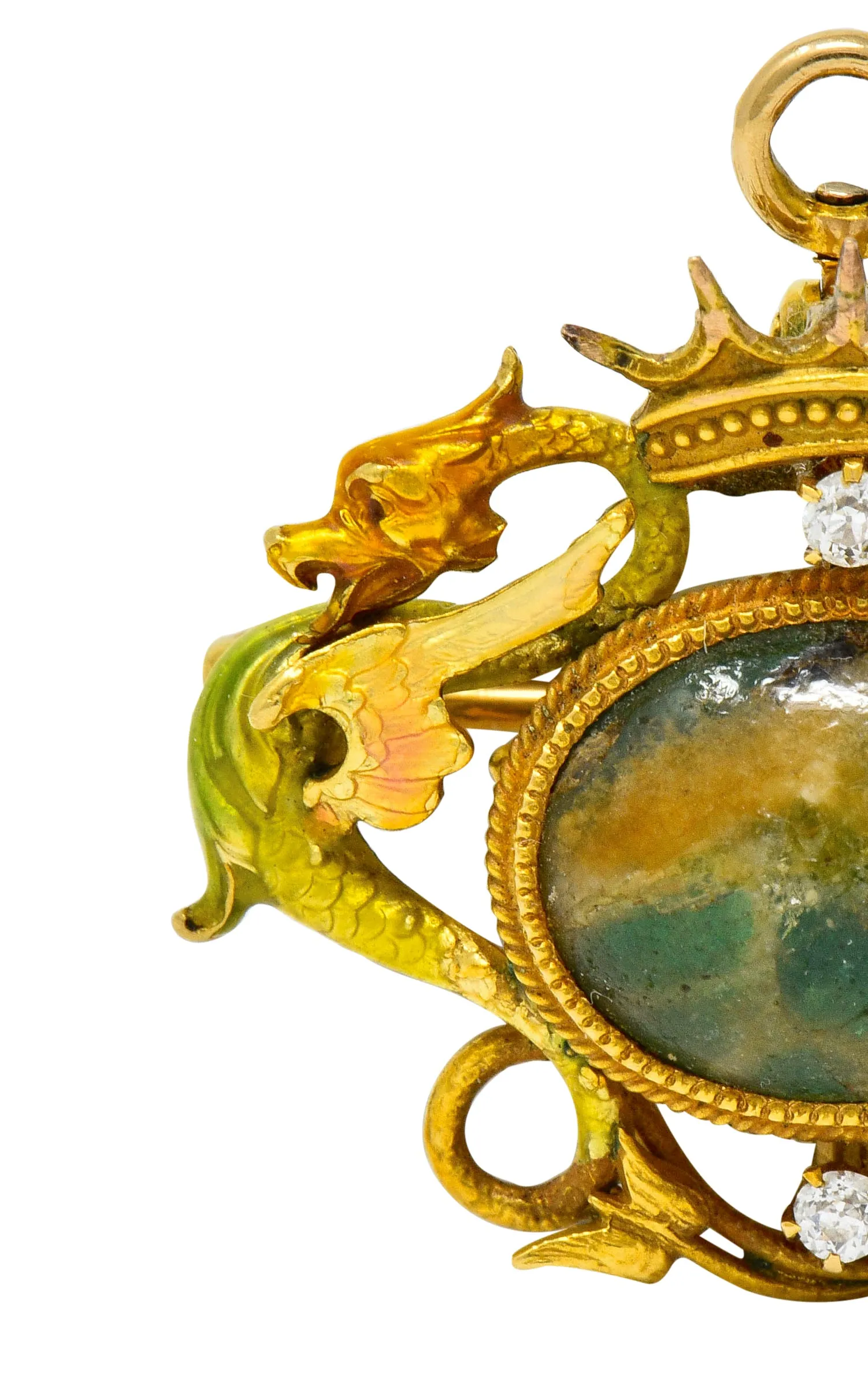 Krementz Art Nouveau Hardstone Diamond Enamel 14 Karat Gold Dragon Cabochon Pendant Brooch