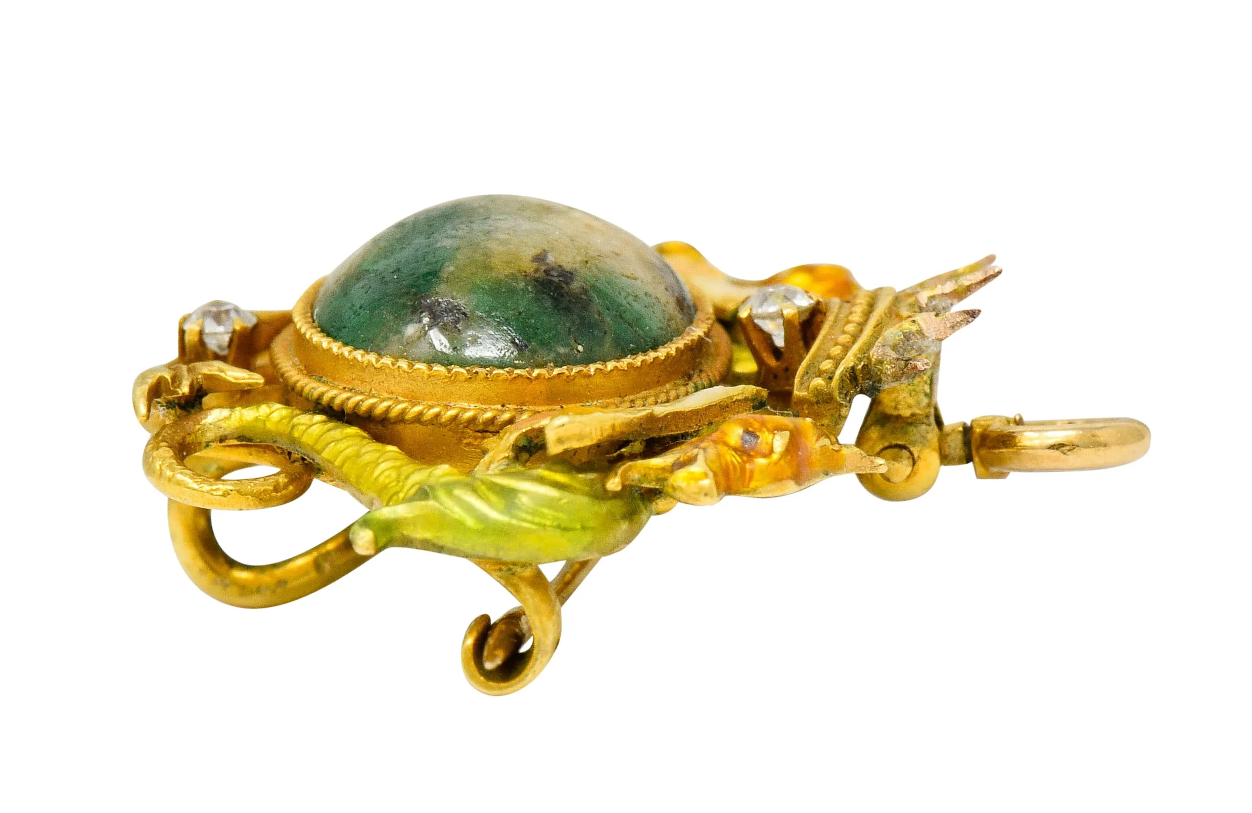Krementz Art Nouveau Hardstone Diamond Enamel 14 Karat Gold Dragon Cabochon Pendant Brooch