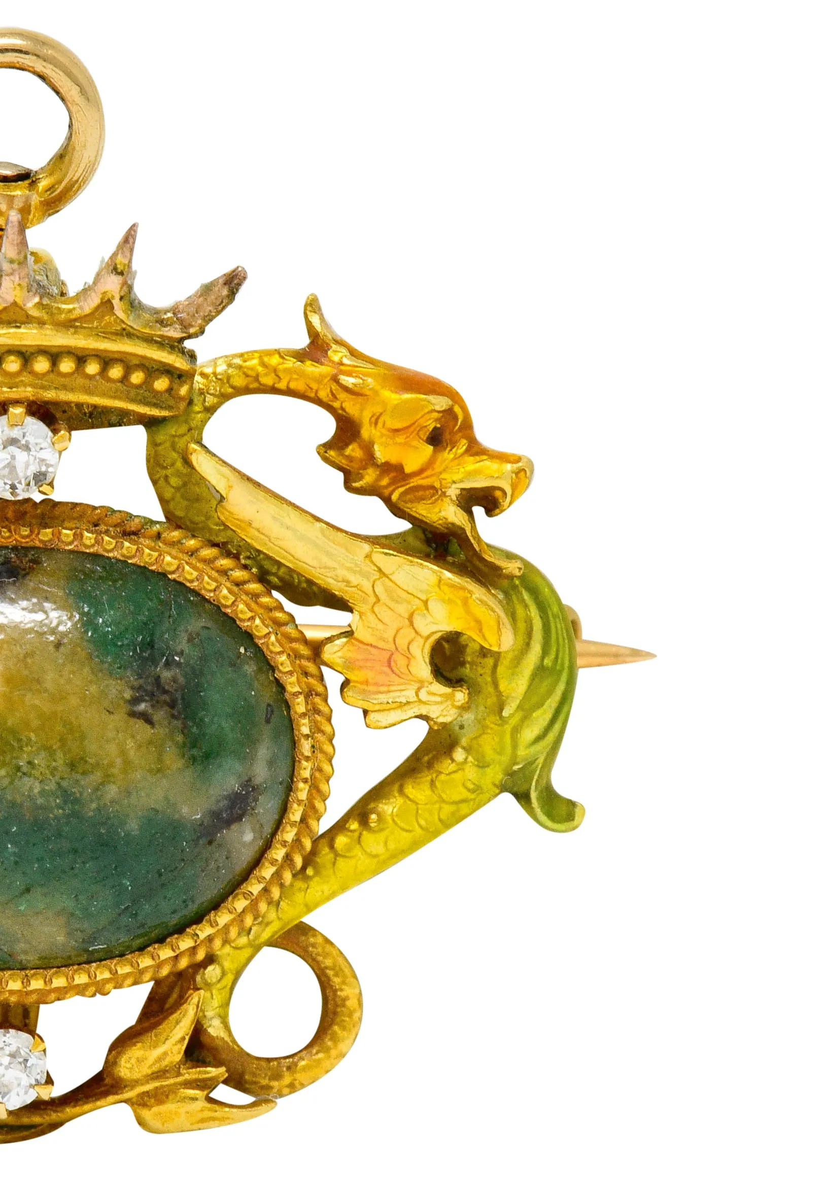Krementz Art Nouveau Hardstone Diamond Enamel 14 Karat Gold Dragon Cabochon Pendant Brooch