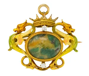 Krementz Art Nouveau Hardstone Diamond Enamel 14 Karat Gold Dragon Cabochon Pendant Brooch