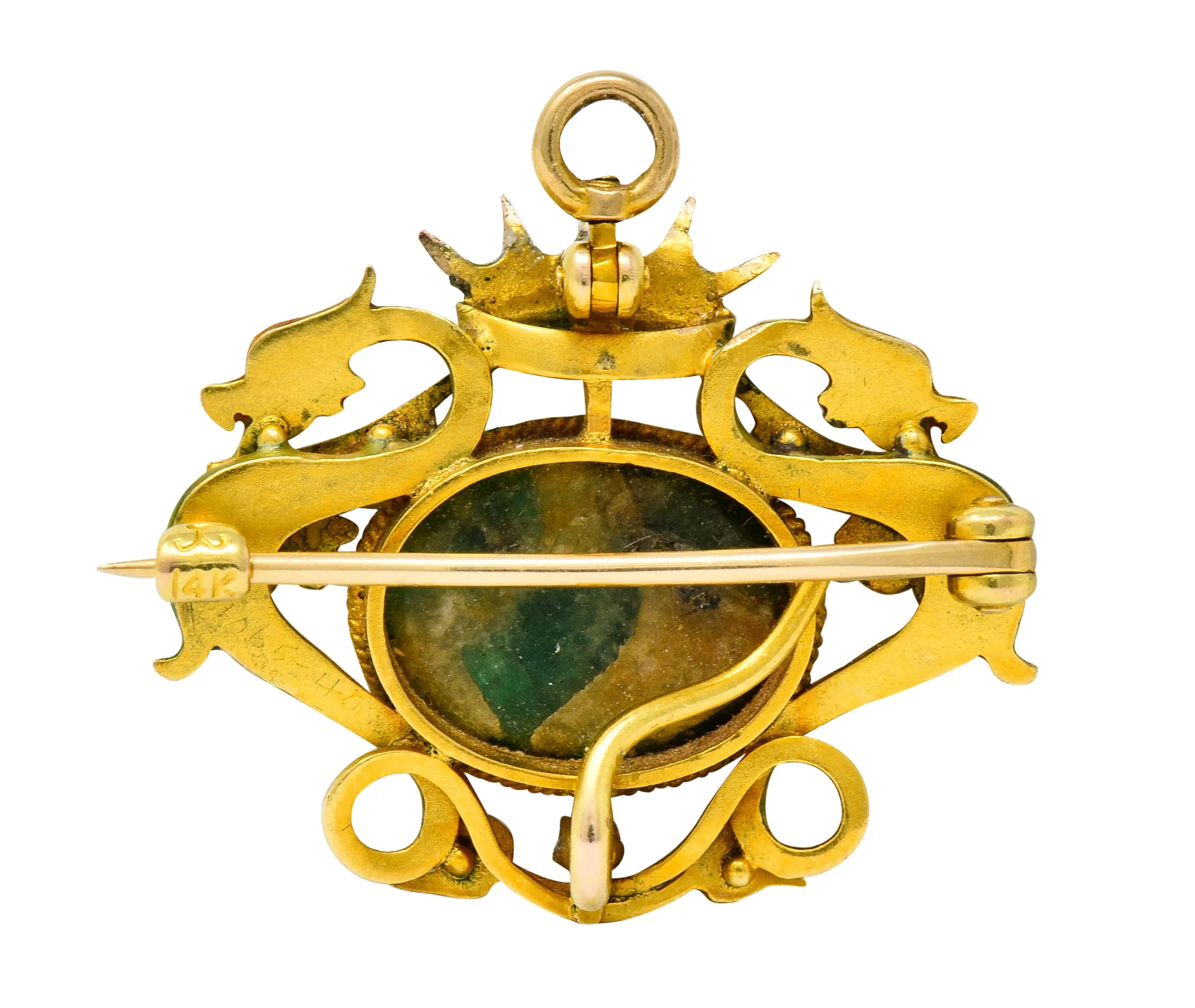 Krementz Art Nouveau Hardstone Diamond Enamel 14 Karat Gold Dragon Cabochon Pendant Brooch