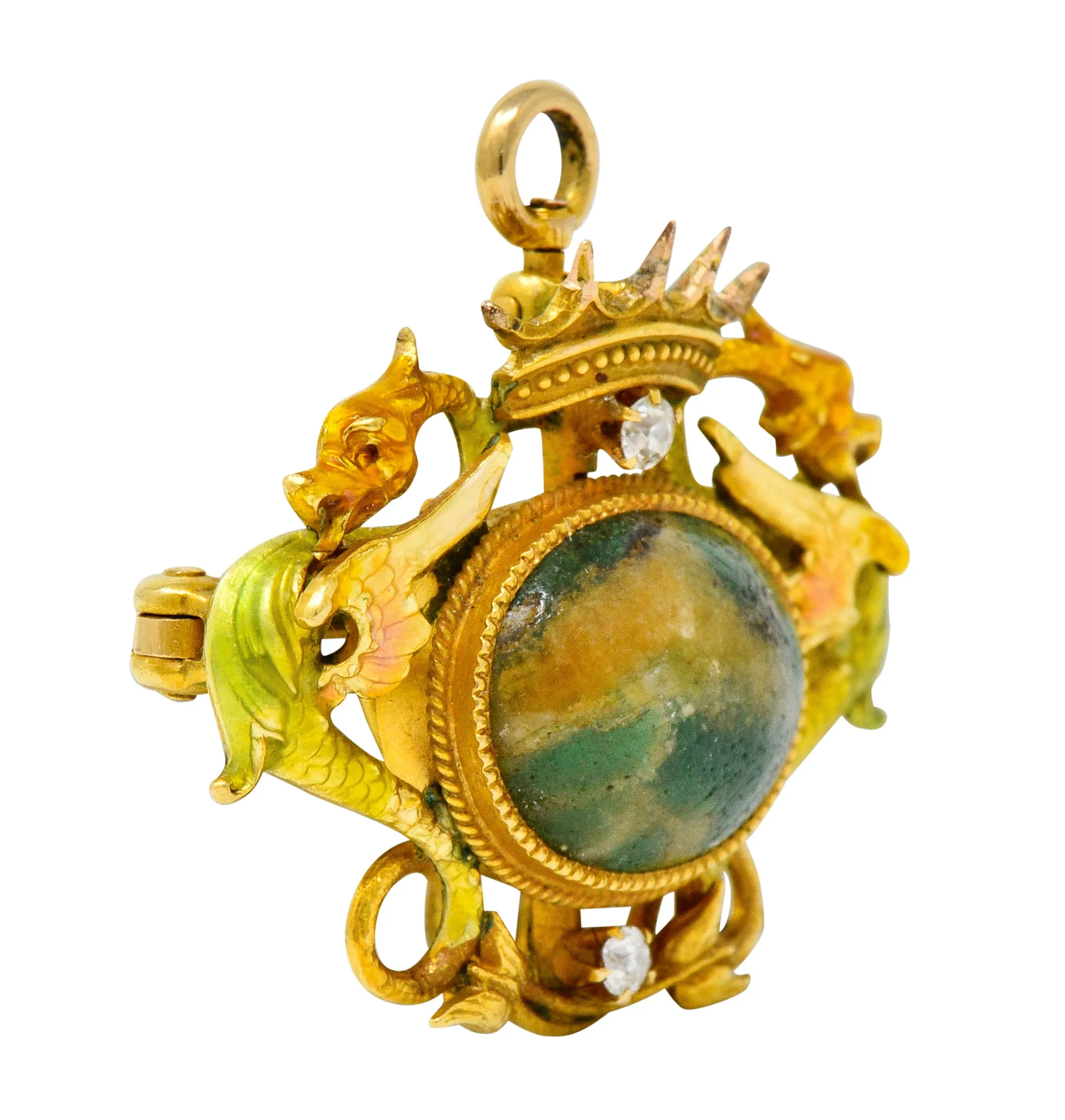 Krementz Art Nouveau Hardstone Diamond Enamel 14 Karat Gold Dragon Cabochon Pendant Brooch