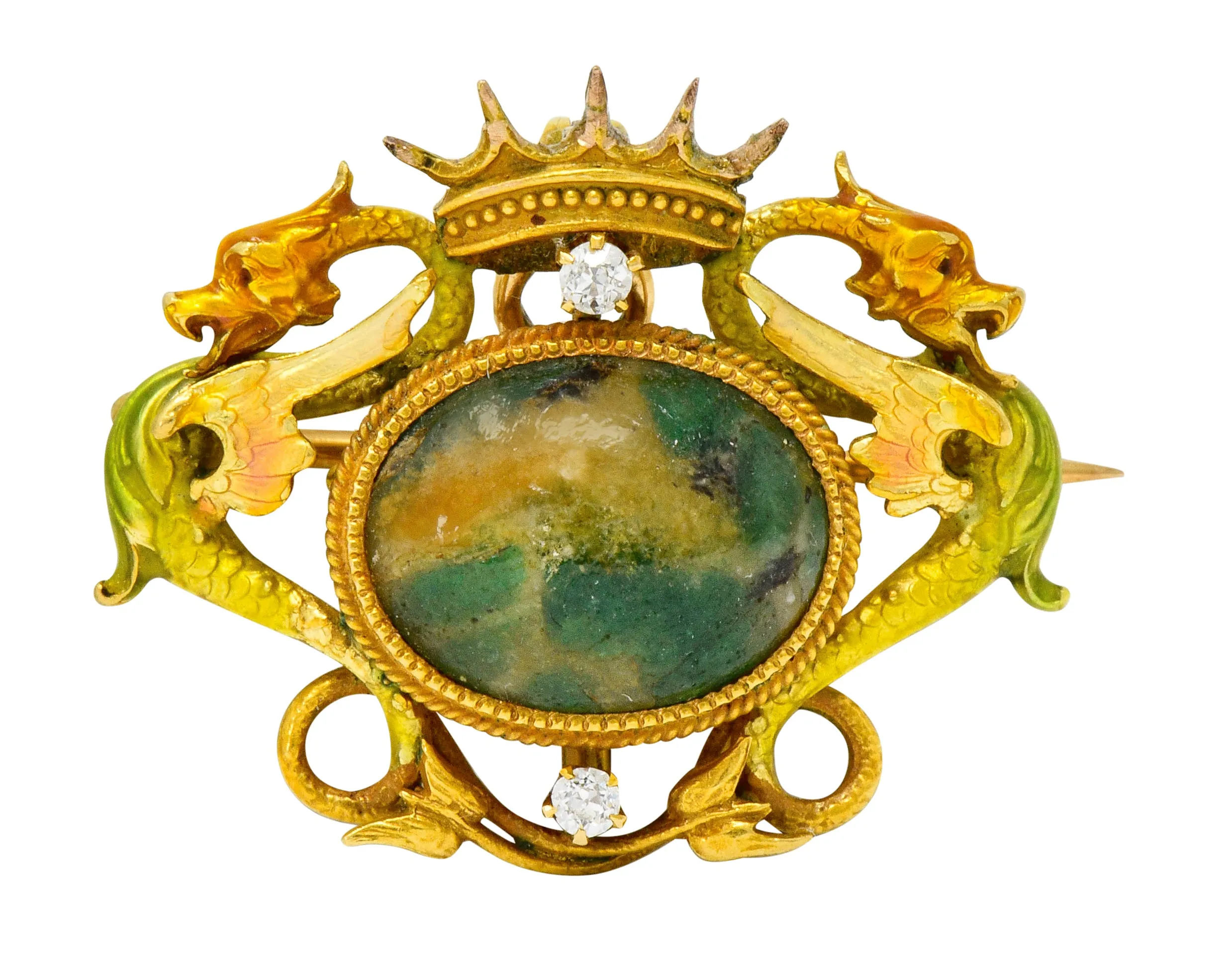 Krementz Art Nouveau Hardstone Diamond Enamel 14 Karat Gold Dragon Cabochon Pendant Brooch