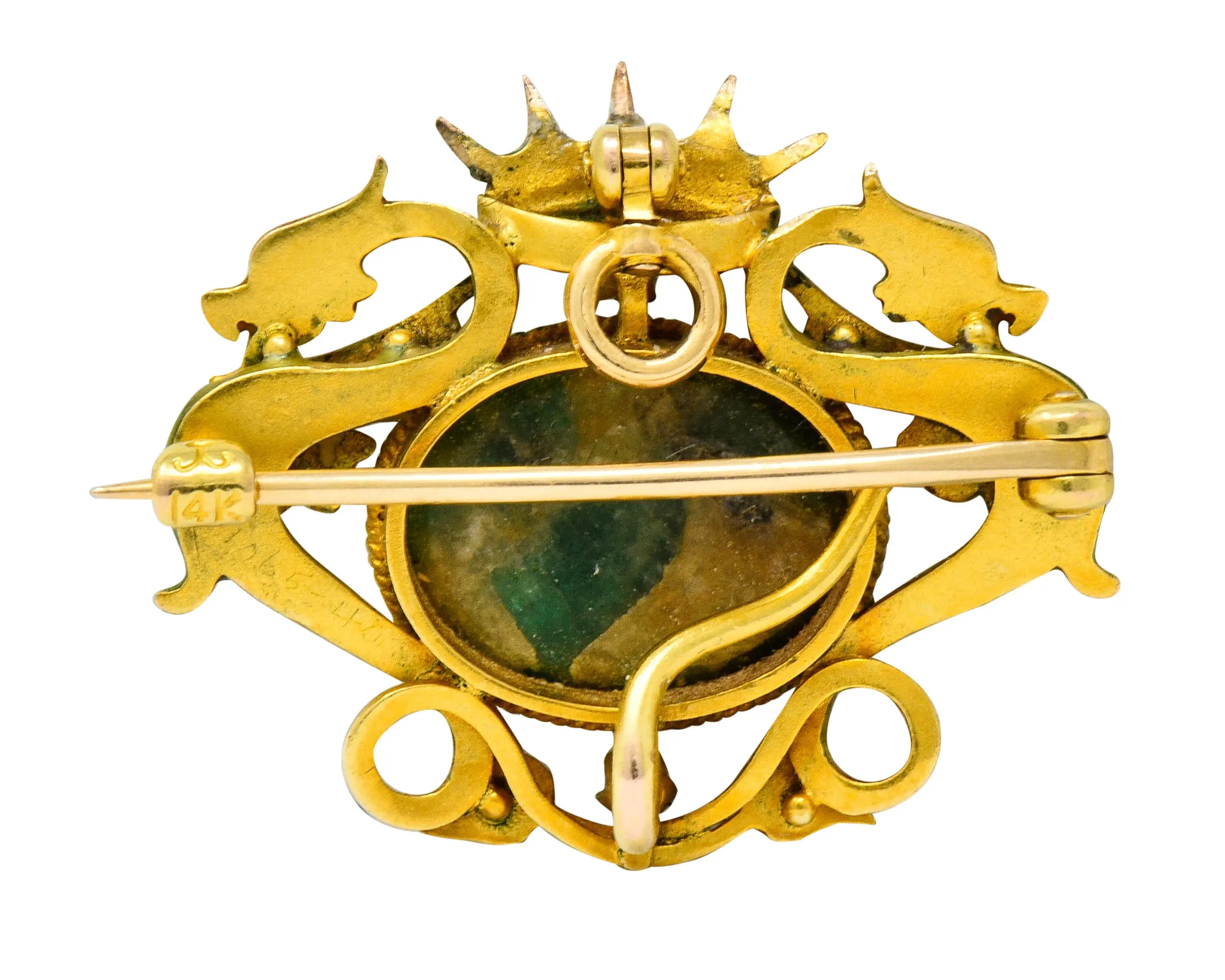 Krementz Art Nouveau Hardstone Diamond Enamel 14 Karat Gold Dragon Cabochon Pendant Brooch