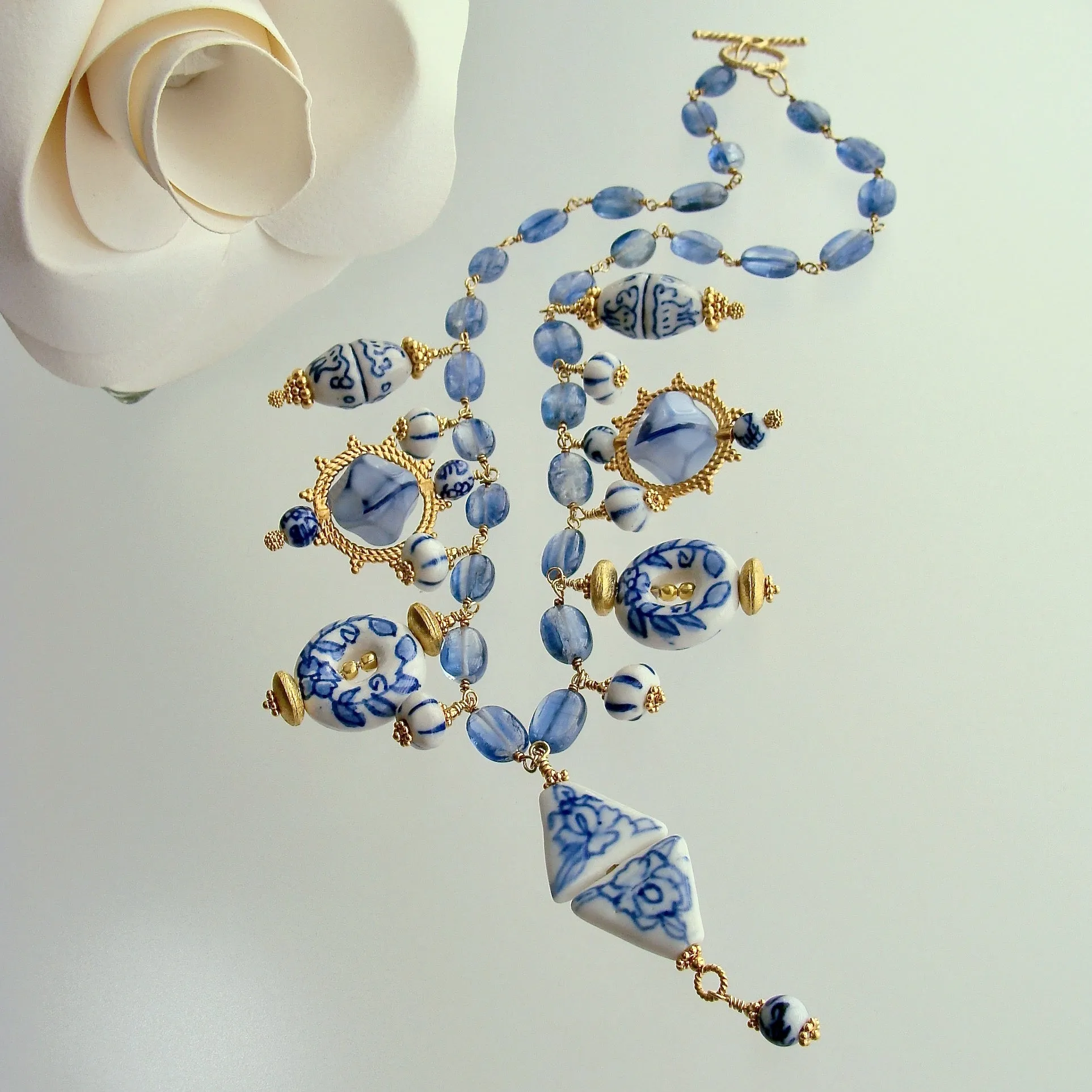 Kyanite Blue White Porcelain Bead Charm Necklace - Bluebelle II Necklace