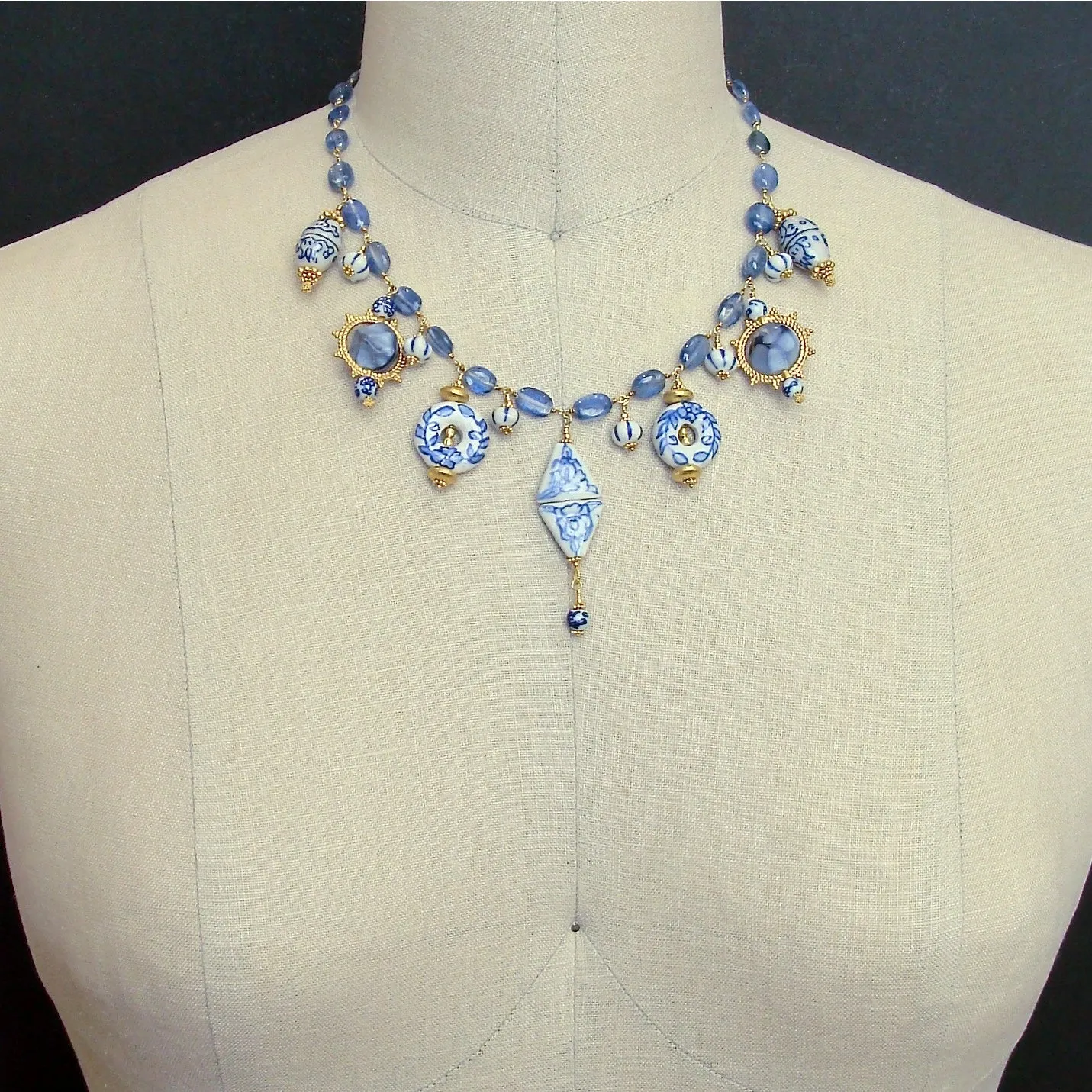 Kyanite Blue White Porcelain Bead Charm Necklace - Bluebelle IV Necklace