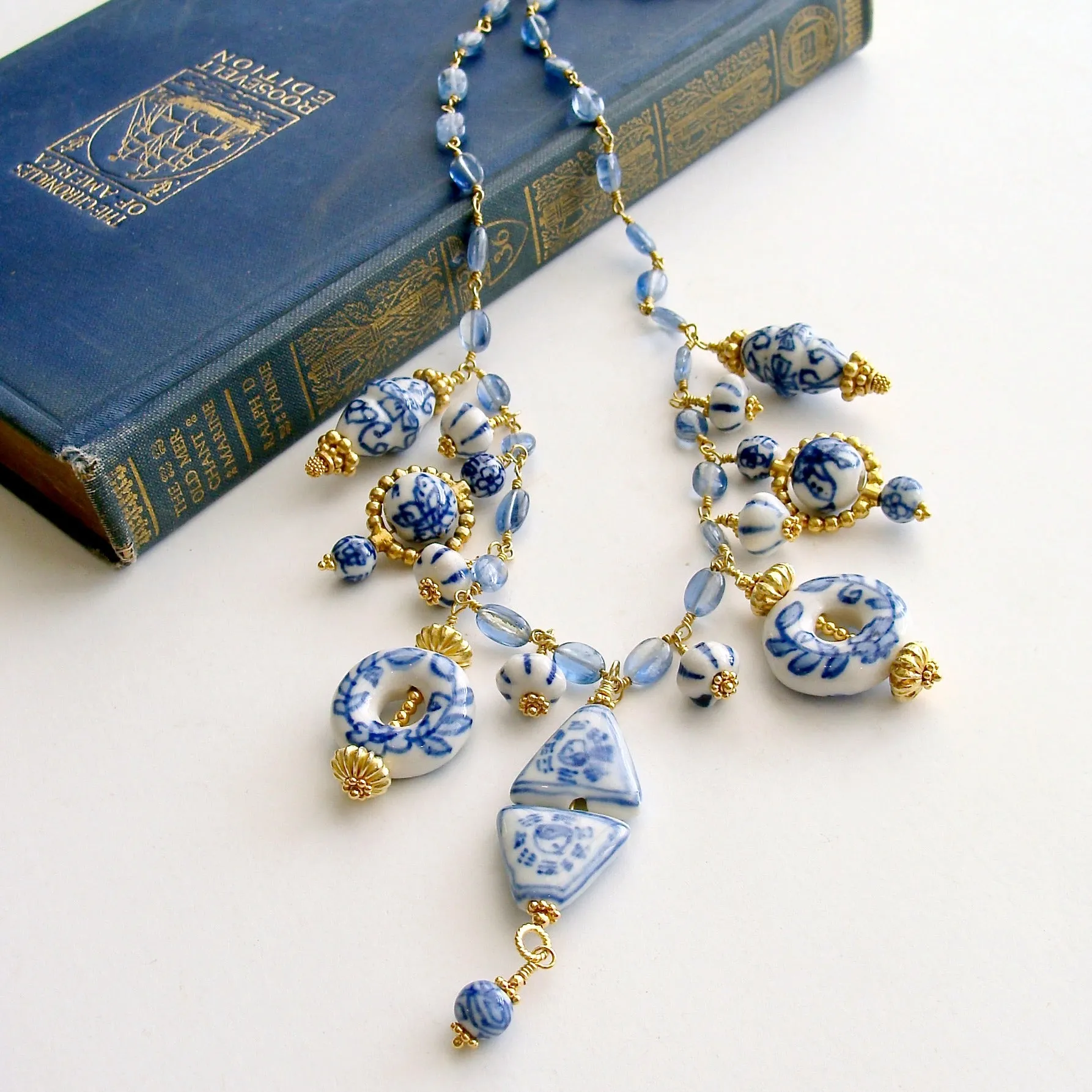 Kyanite Blue White Porcelain Bead Charm Necklace - Bluebelle Necklace