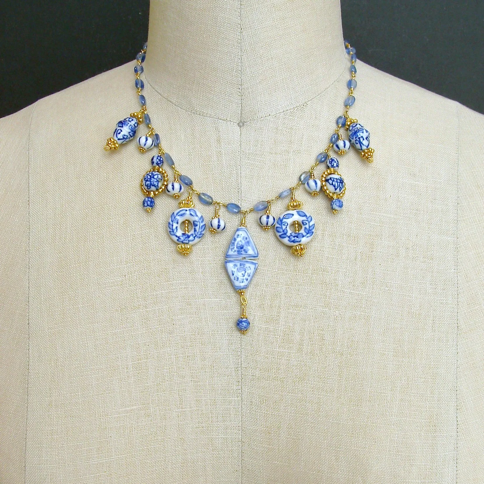 Kyanite Blue White Porcelain Bead Charm Necklace - Bluebelle Necklace