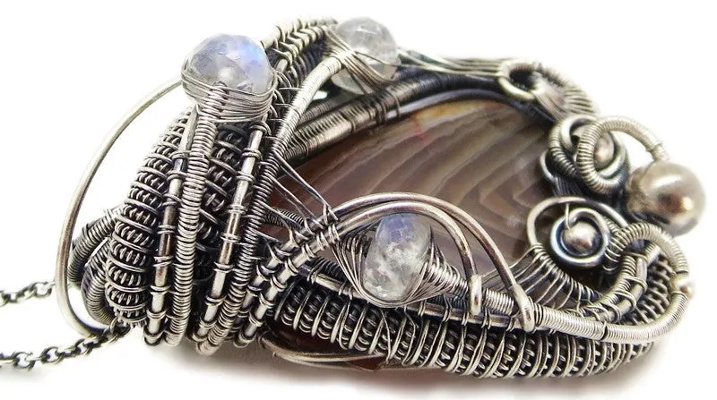 Lake Superior Agate Pendant with Rainbow Moonstone in Sterling Silver