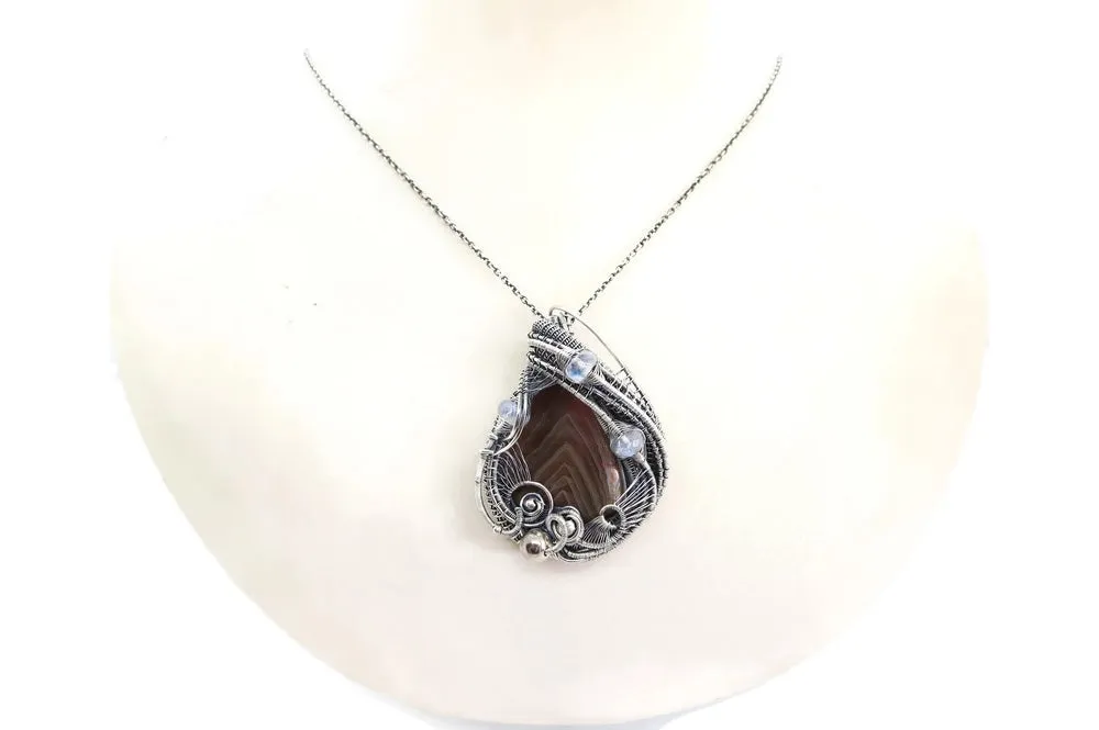 Lake Superior Agate Pendant with Rainbow Moonstone in Sterling Silver