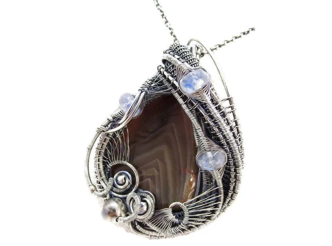Lake Superior Agate Pendant with Rainbow Moonstone in Sterling Silver
