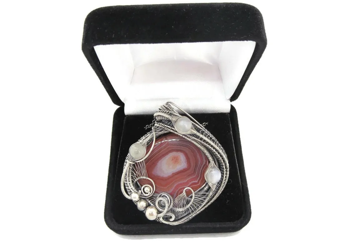 Lake Superior Agate Pendant with Rainbow Moonstone, Wire-Wrap in Sterling Silver