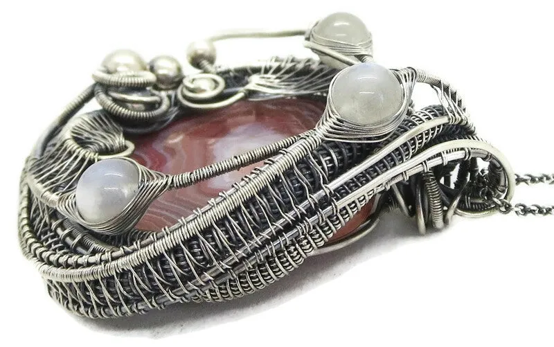 Lake Superior Agate Pendant with Rainbow Moonstone, Wire-Wrap in Sterling Silver