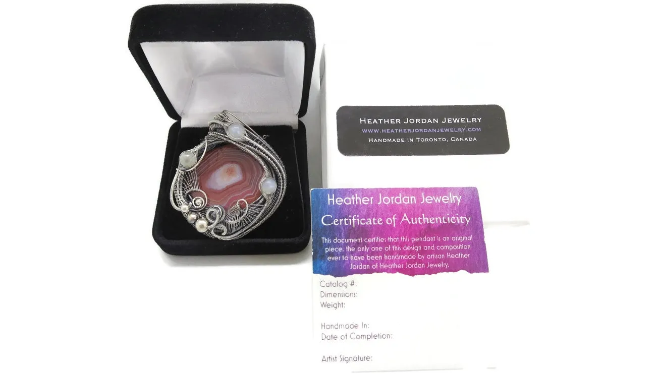 Lake Superior Agate Pendant with Rainbow Moonstone, Wire-Wrap in Sterling Silver