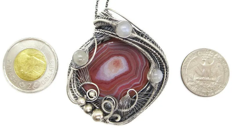 Lake Superior Agate Pendant with Rainbow Moonstone, Wire-Wrap in Sterling Silver
