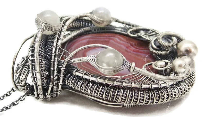 Lake Superior Agate Pendant with Rainbow Moonstone, Wire-Wrap in Sterling Silver