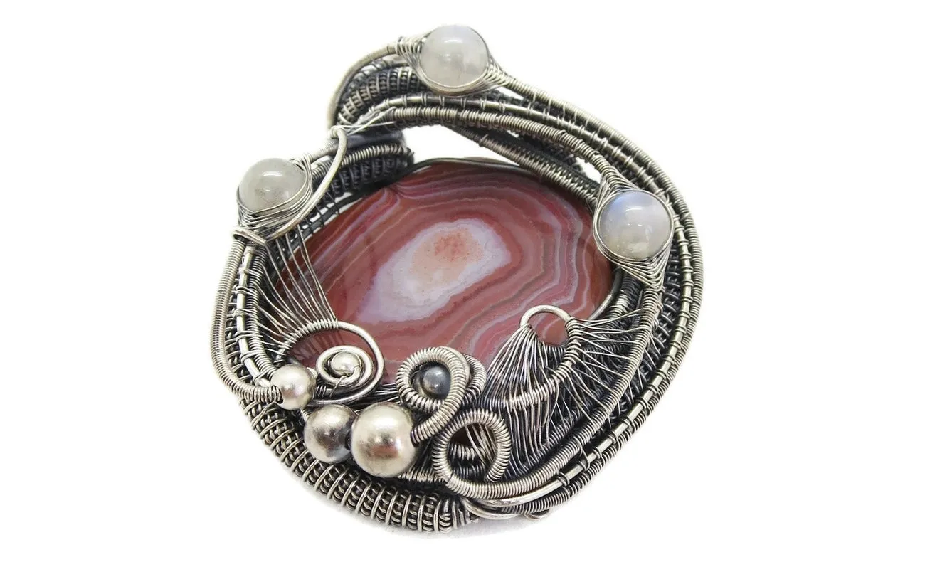 Lake Superior Agate Pendant with Rainbow Moonstone, Wire-Wrap in Sterling Silver