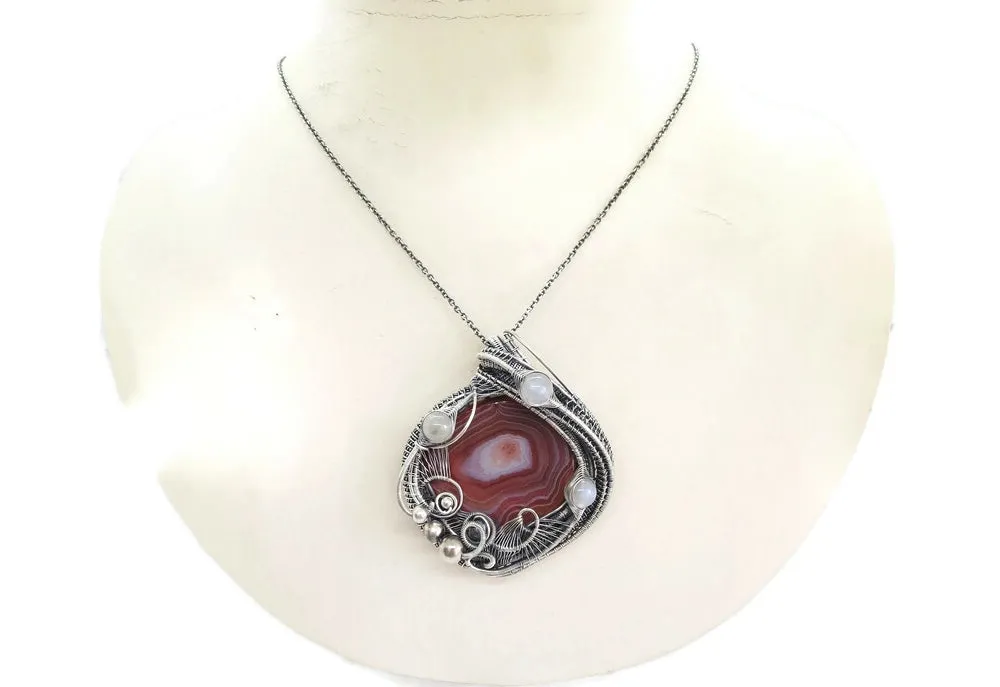 Lake Superior Agate Pendant with Rainbow Moonstone, Wire-Wrap in Sterling Silver