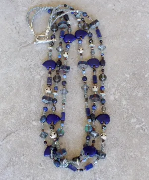 Lapis, Sandstone, Fire Agate, Czech Glass, Zuni Bear and Sterling Silver 3-Strand Necklace