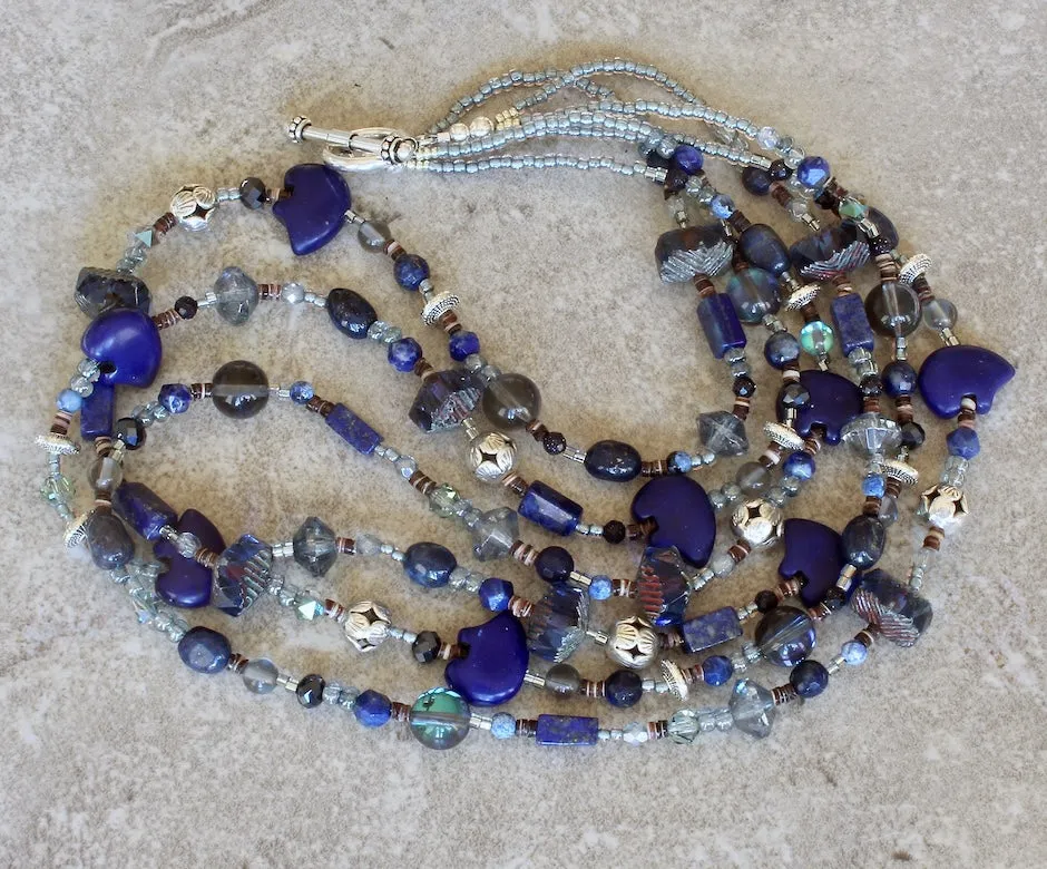 Lapis, Sandstone, Fire Agate, Czech Glass, Zuni Bear and Sterling Silver 3-Strand Necklace