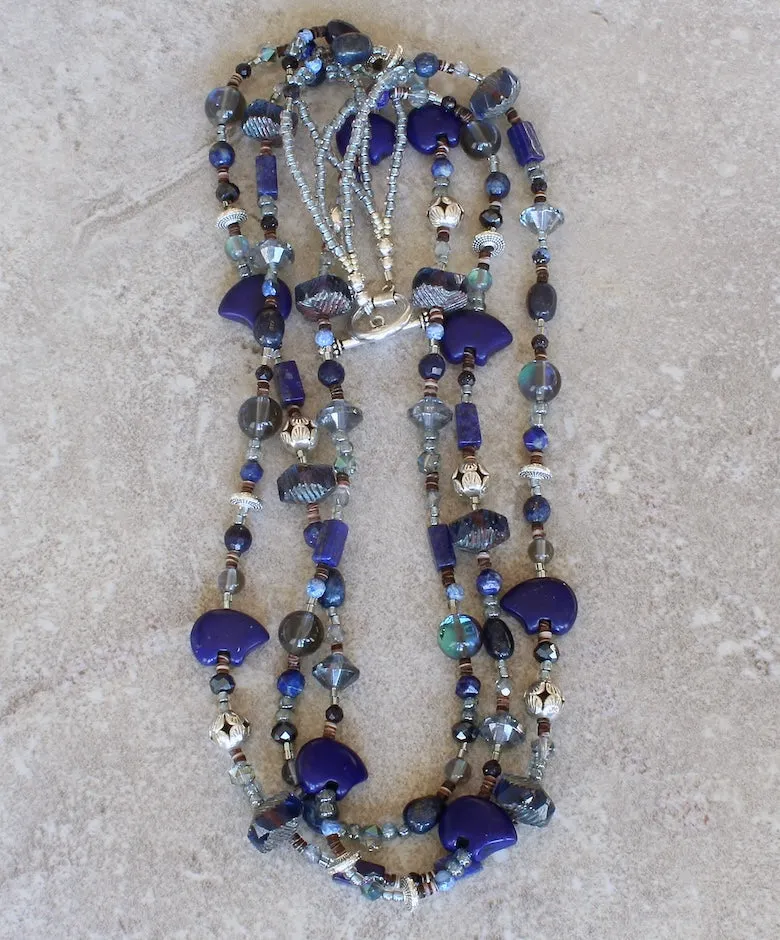 Lapis, Sandstone, Fire Agate, Czech Glass, Zuni Bear and Sterling Silver 3-Strand Necklace