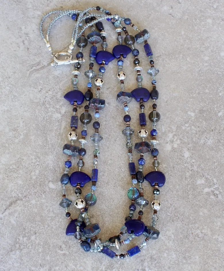 Lapis, Sandstone, Fire Agate, Czech Glass, Zuni Bear and Sterling Silver 3-Strand Necklace