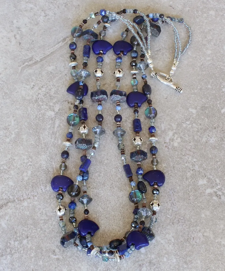 Lapis, Sandstone, Fire Agate, Czech Glass, Zuni Bear and Sterling Silver 3-Strand Necklace